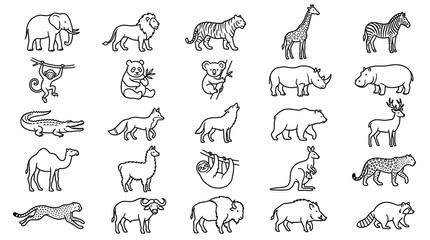 Obraz premium Set of simple black and white line art icons of various wild animals.