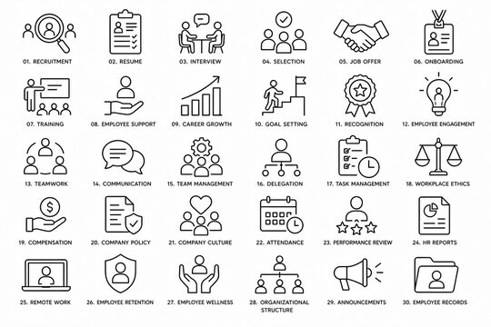 Set of black and white business and technology line art icons