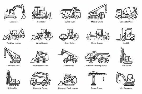 Set of black line icons for various construction and building machinery