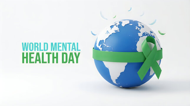 World mental health day concept featuring a globe wrapped in a green awareness ribbon isolated on a white background with text for social awareness