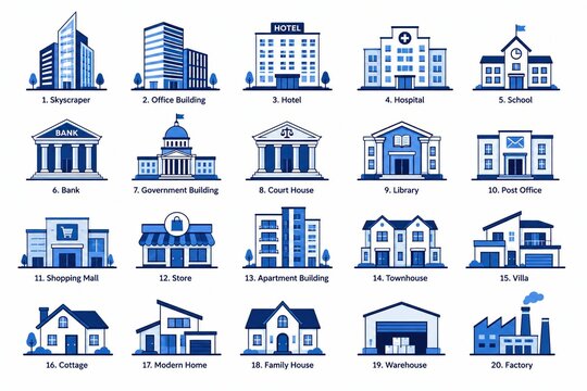 Set of blue city building icons for architecture and real estate design