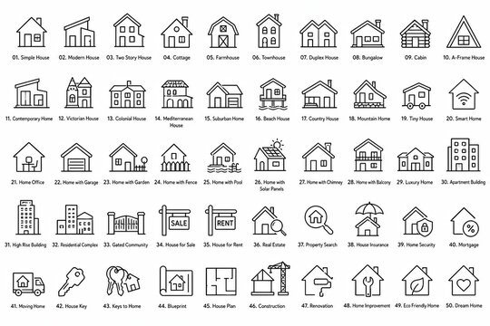 Set of simple black thin line icons for home and building architecture