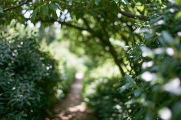 Fototapeta premium The Green Garden Path Through a Lush Leafy Archway to Light