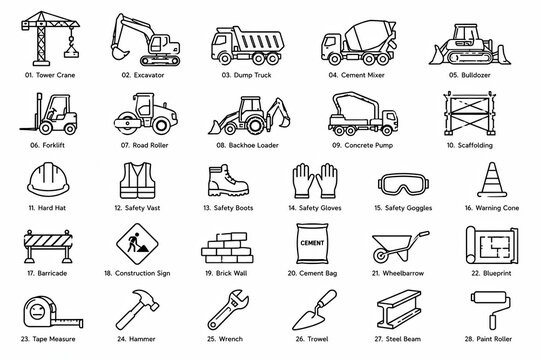 Set of simple black outline construction and transport vehicle icons