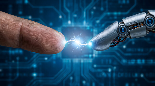 Glowing Fingertip Connection Between Human and Robotic Hand Representing Artificial Intelligence Innovation