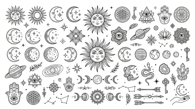 Collection of mystical celestial symbols and esoteric elements in hand drawn line art style.