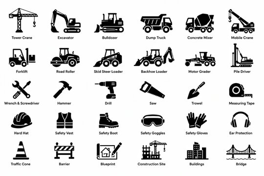 Set of black construction and building machine icons on white background