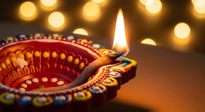 Close Up of Lit Clay Diya Lamp for Diwali Celebration