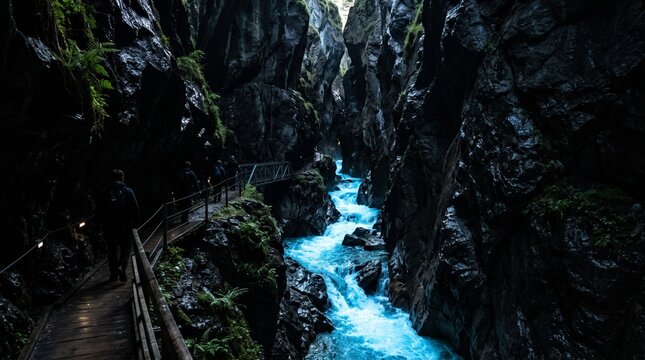 A view through the dramatic Partnach Gorge in Garmisch-Partenkirchen, Germany, featuring a bright turquoise river flowing through steep, dark limestone rock walls alongside a wooden walkway