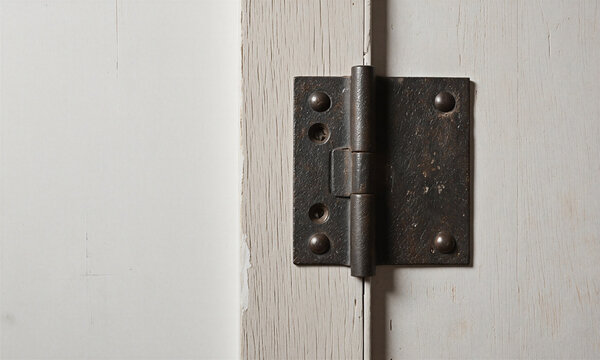 Iron hinge door Artisan hand forged metal strap hinge on a rustic white wooden door showing traditional craftsmanship with copy space