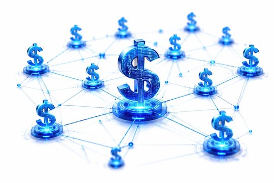 Blue dollar sign network connection graphic on white background