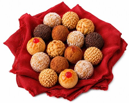 Assorted sweet round cookies on a red napkin