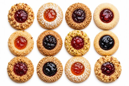 Assorted thumbprint cookies with fruit jam filling on a white background