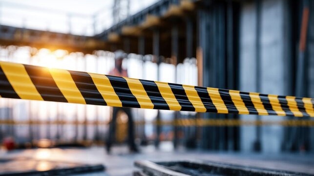 Yellow and black hazard tape marking restricted area at a construction site with blurred worker and scaffolding in the background during sunset light