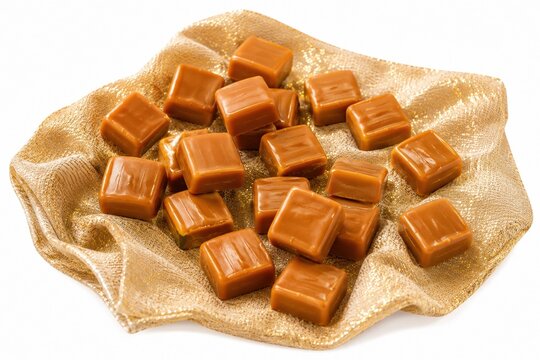Sweet caramel candy squares on brown paper