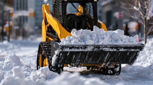 Heavy-duty snow removal machine carrying a large load of snow on urban street after a winter storm in daylight