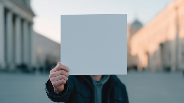 Person holding up a blank white sign covering their face, standing outdoors in front of classical public buildings, representing concepts of protest, individual voice, and civil rights