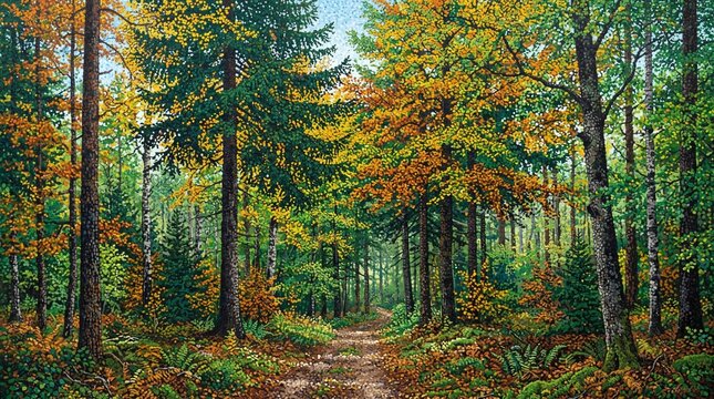 An impressionistic oil painting of a tranquil forest path in autumn, featuring a mix of evergreen spruce trees and deciduous trees with vibrant yellow and orange foliage under a soft light.