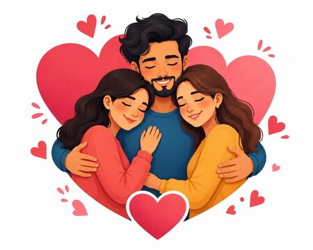 Happy father hugging his two daughters with red hearts illustration