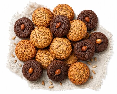 Top view of delicious chocolate and hazelnut cookies on white background