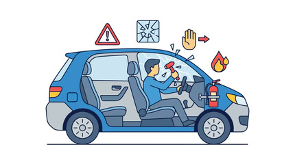 Naklejka premium Car Emergency Escape Icon with Driver Using Safety Hammer