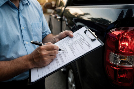 Pro vehicle inspector fills out checklist on clipboard beside black pickup truck. Auto mechanic insurance assessor documents car condition, damage, maintenance status. Man uses pen for paperwork to