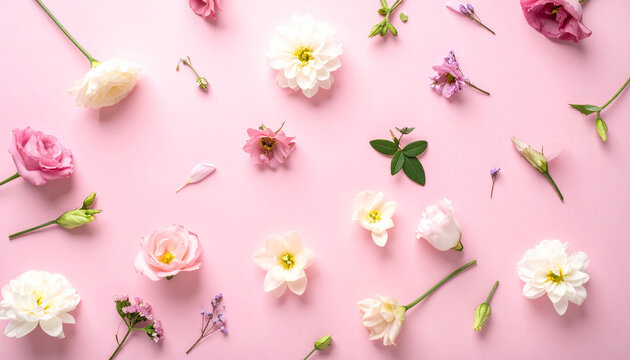 Top-down of delicate spring flowers scattered beautifully across pastel pink surface, soft romantic colors, airy composition, elegant holiday and gift-giving atmosphere.