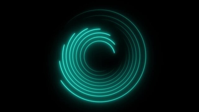 Neon circular technology pattern with concentric glowing rings and abstract digital energy design on a deep black background for modern visuals