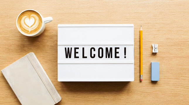 Welcome message on cinema light box with coffee and notebook, business