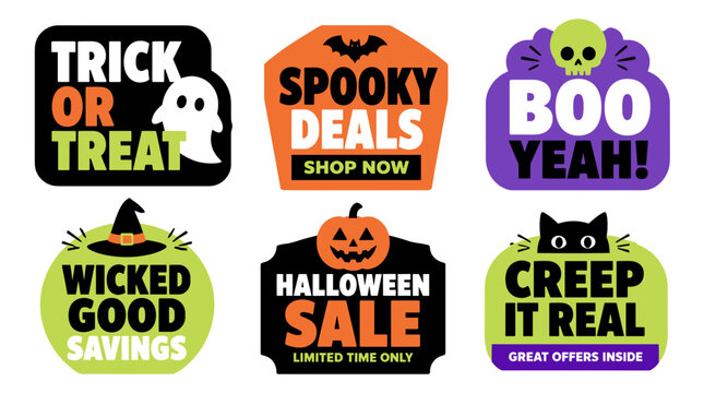 Set of Six Halloween Themed Promotional Icons and Labels.