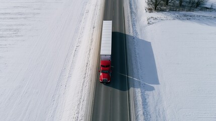 Obraz premium The Red Semi Truck Traversing a Snowbound Highway Under Long Shadow