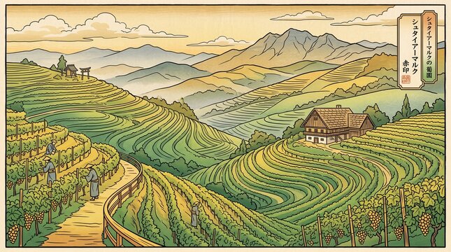 Ukiyo-e style illustration of terraced tea plantations or rice paddies nestled in undulating green hills with a rustic wooden farmhouse and distant mountain ranges under a soft warm sky