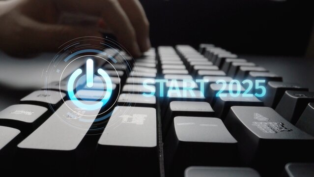 Start 2025 concept with futuristic power button symbolizing fresh beginnings, innovation, and digital transformation. Start 2025, new goals, and start 2025 initiative. Muxer