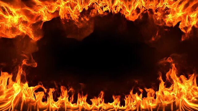 Fiery abstract frames with dynamic inferno elements during darkness for creative design