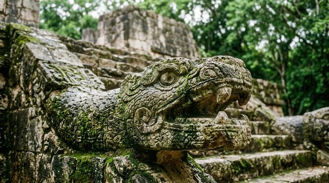 Ancient Stone Serpent Head Sculpture at Mayan Ruins in Jungle.