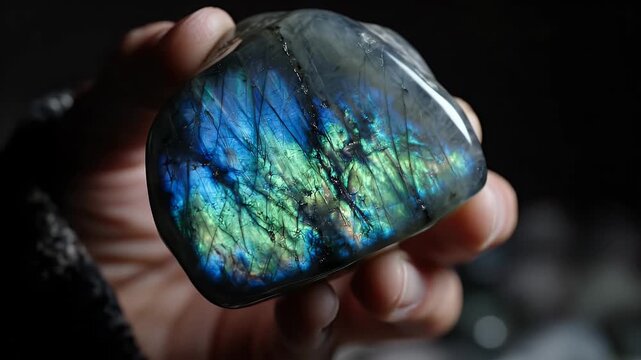 Close-up of a person's hand holding a beautiful, iridescent labradorite gemstone with vibrant blue and green flashes