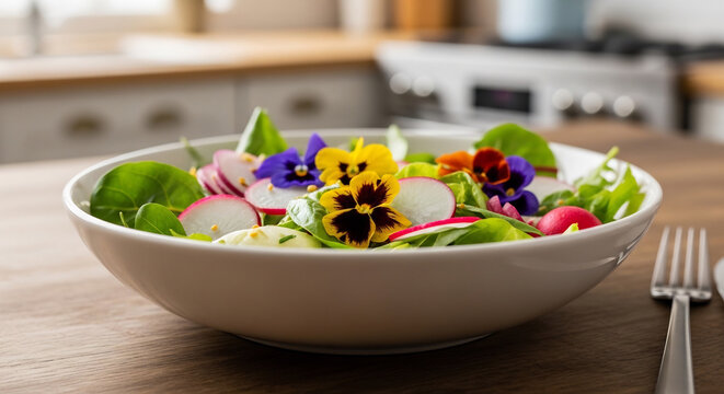 Fresh healthy spring salad with edible flowers in a bowl