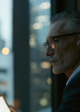 Close-up portrait of a middle-aged man wearing glasses and a suit. he is looking out of a window with a cityscape visible in the background.