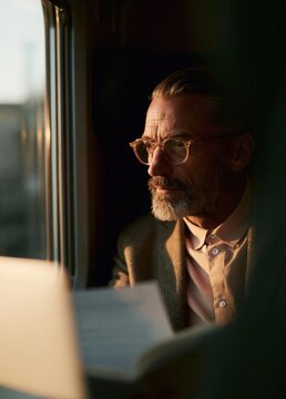 Middle-aged man with a beard and glasses sitting on a train. he is wearing a beige blazer and a light pink shirt. he appears to be deep in thought, with a serious expression on his face.