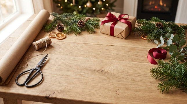 Wrapping Christmas gifts on wooden table