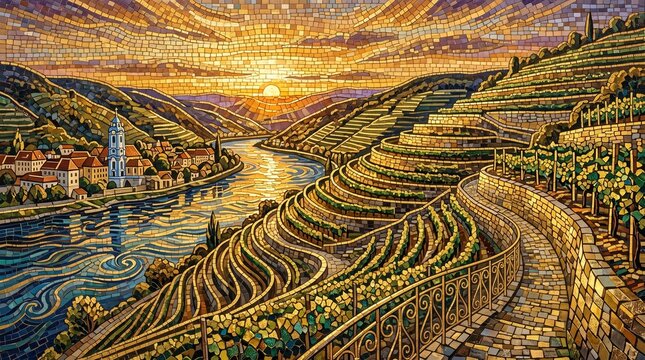 A Stunning Impressionist Oil Painting Depicting a Lush Terraced Vineyard Sloping Down Toward a Winding River and a Picturesque European Village Under a Vibrant Golden Sunset Sky