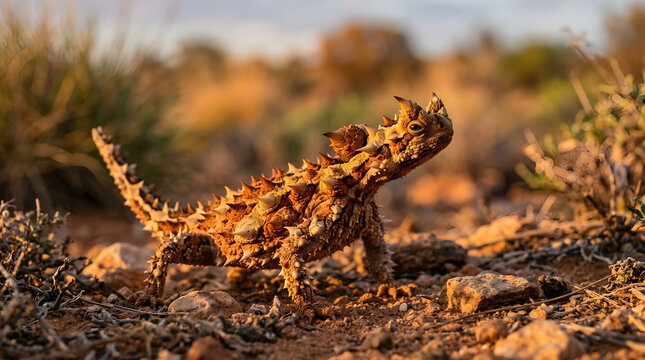 thorny devil lizard closeup on sunset