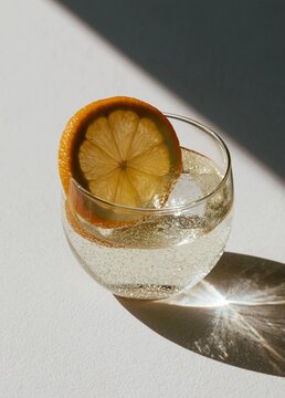 Close-up of a glass of water with a slice of orange on the rim. the glass is filled with clear water and ice cubes.