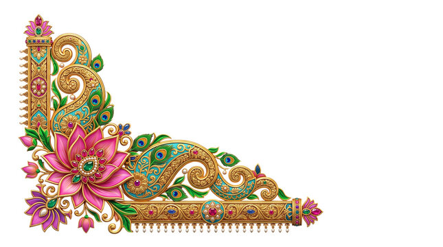 Ornate golden corner frame with lotus and peacock feathers isolated on transparent background