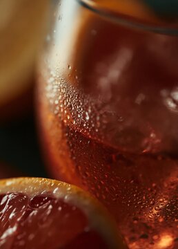 Close-up of a glass of iced tea with a slice of orange on the rim. the glass is filled with a dark red liquid and has ice cubes floating on top.