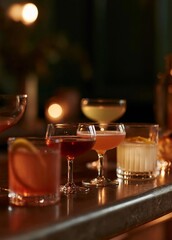 Fototapeta premium Row of different types of cocktails on a bar counter. there are six glasses in total, arranged in a neat row.