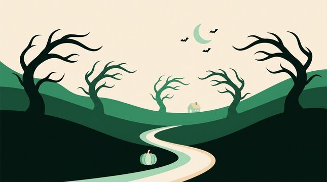 Haunted halloween landscape with dead trees and crescent moon, halloween