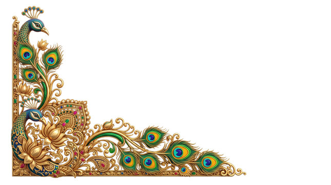 Ornate peacock and lotus flower corner frame isolated on transparent background