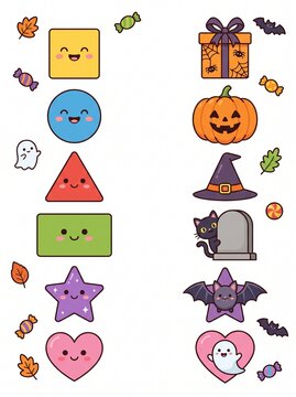 Cute halloween shapes matching activity vector illustration, kawaii geometric shapes and halloween objects matching game, and preschool educational worksheet. Flat and modern vector design.