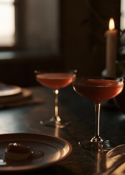 Two cocktail glasses on a wooden table. the glasses are filled with a pinkish-red liquid, possibly a cocktail, and are placed side by side. on the table, there is a plate with a small dessert on it.